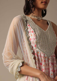 White Printed Sharara Set With Sequin Work