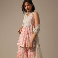 White Printed Sharara Set With Sequin Work