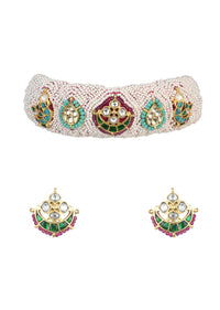 White Rajasthani Ponchi Choker With Beaded Studs