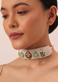 White Rajasthani Ponchi Choker With Beaded Studs