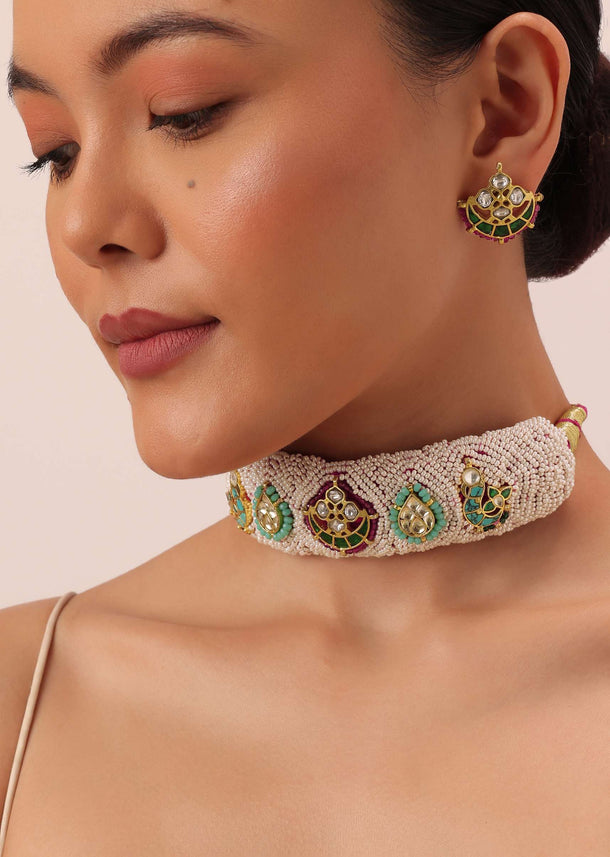 White Rajasthani Ponchi Choker With Beaded Studs