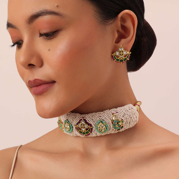 White Rajasthani Ponchi Choker With Beaded Studs