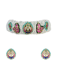 White Rajasthani Ponchi Kundan Studded Choker With Stud Earrings