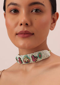 White Rajasthani Ponchi Kundan Studded Choker With Stud Earrings