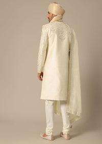 White Raw Silk Embroidered Sherwani Set