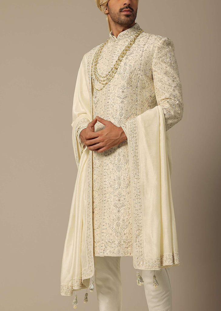 White Raw Silk Embroidered Sherwani Set