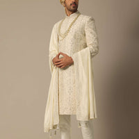 White Raw Silk Embroidered Sherwani Set