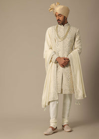 White Raw Silk Embroidered Sherwani Set