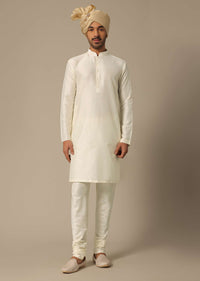 White Raw Silk Embroidered Sherwani Set