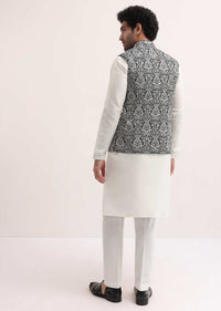 White Resham Work Kurta Jacket Set For Men