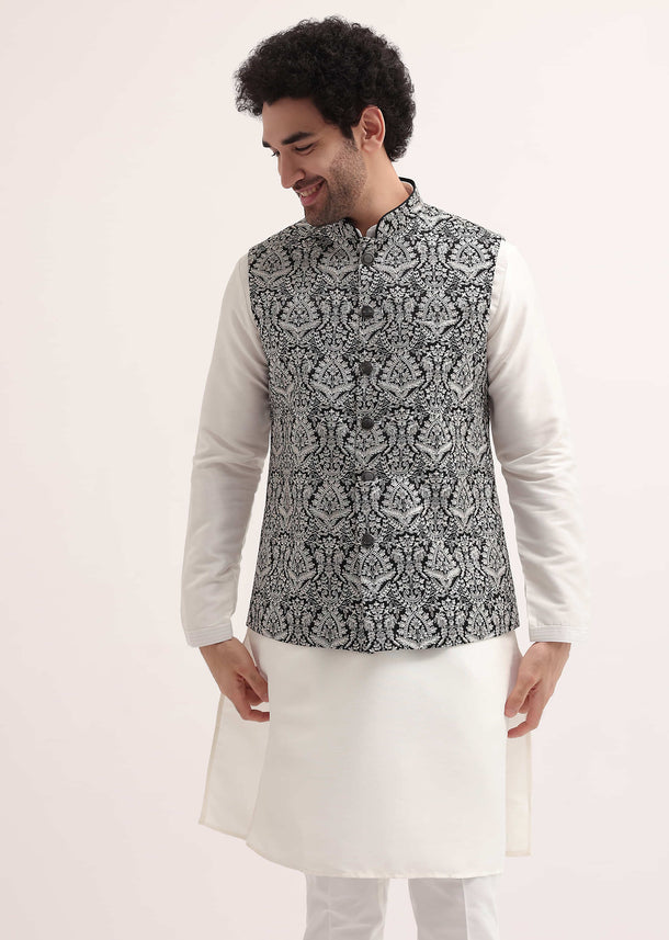 White Resham Work Kurta Jacket Set For Men