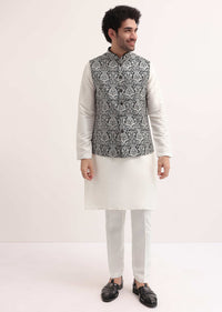 White Resham Work Kurta Jacket Set For Men