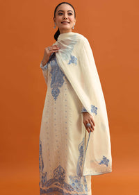 White Resham Work Kurta Set With Dupatta