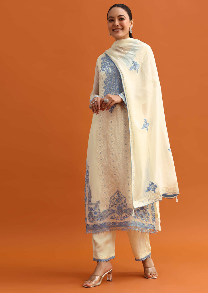 White Resham Work Kurta Set With Dupatta