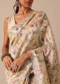 White Saree With Cutwork Scallop Border In Tussar And Unstitched Blouse Piece