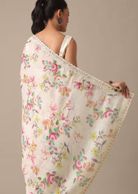 White Saree With Floral Prints And Unstitched Blouse Piece