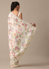 White Saree With Floral Prints And Unstitched Blouse Piece