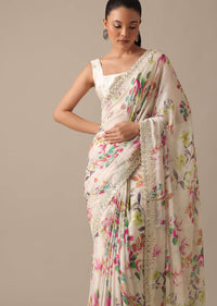 White Saree With Floral Prints And Unstitched Blouse Piece