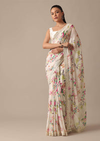 White Saree With Floral Prints And Unstitched Blouse Piece