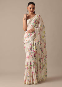 White Saree With Floral Prints And Unstitched Blouse Piece