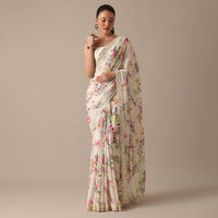 White Saree With Floral Prints And Unstitched Blouse Piece