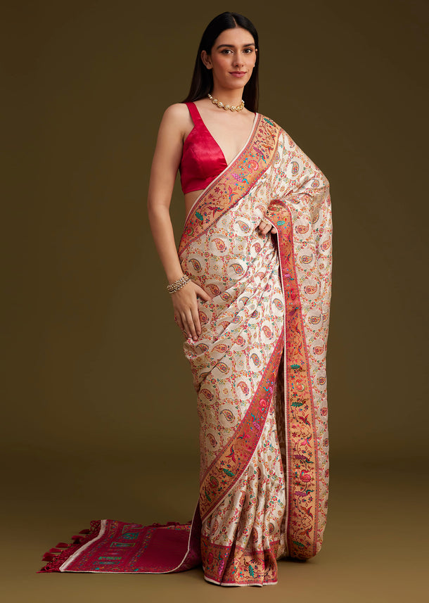 White Satin Silk Saree With Jaal Work and Zari Woven Border
