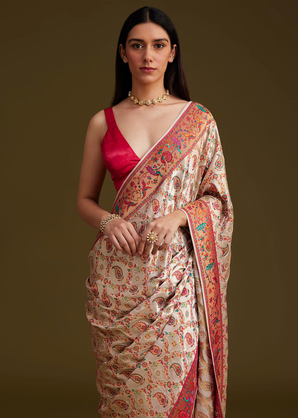 White Satin Silk Saree With Jaal Work and Zari Woven Border