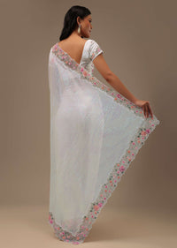 White Sequins Fabricated Saree With 3D Embroidery