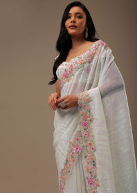 White Sequins Fabricated Saree With 3D Embroidery