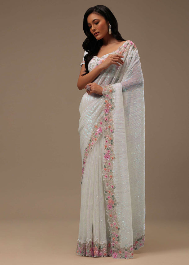 White Sequins Fabricated Saree With 3D Embroidery