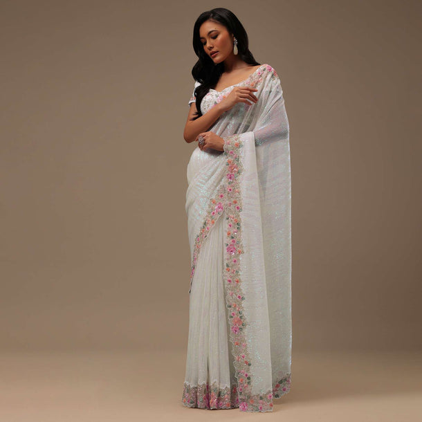 White Sequins Fabricated Saree With 3D Embroidery