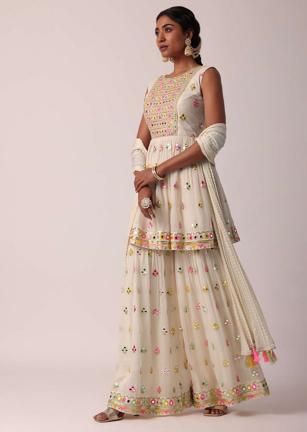 White Sharara Set With Mirror Work Kurta