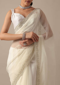 White Sheer Organza Saree With Scallop Cutwork And Unstitched Blouse Piece