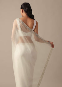 White Sheer Organza Saree With Scallop Cutwork And Unstitched Blouse Piece