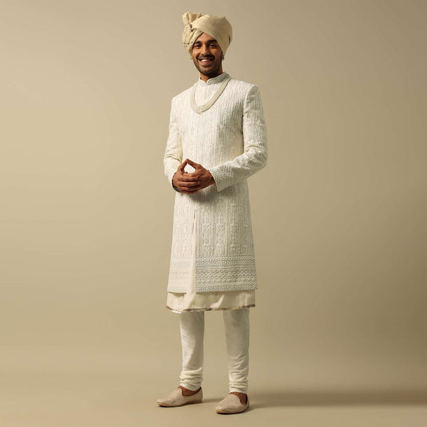 White Sherwani with Exquisite Heavy Embroidery