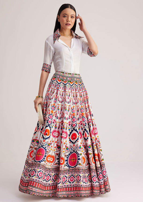 White Shirt With Vibrant Printed Skirt