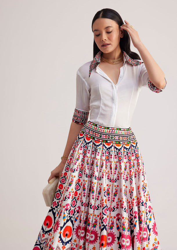 White Shirt With Vibrant Printed Skirt