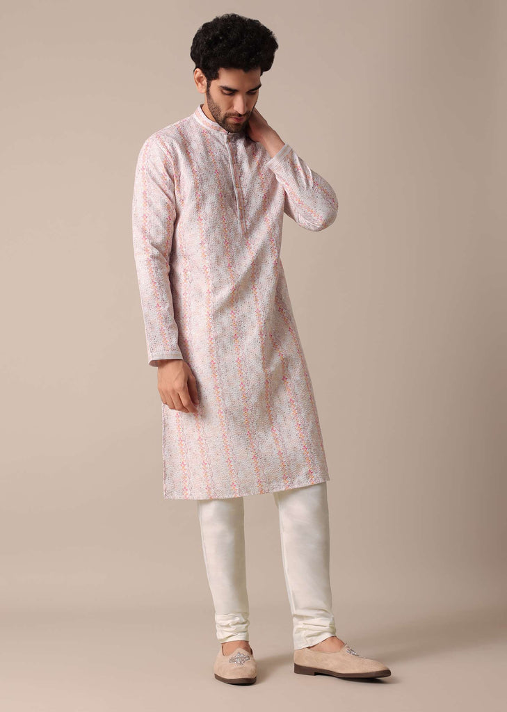 White Silk Embroidered Men Kurta Set