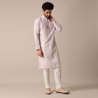 White Silk Embroidered Men Kurta Set