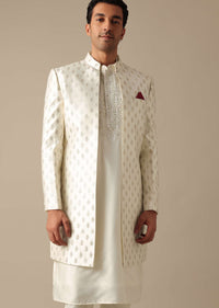 White Silk Embroidered Sherwani Set