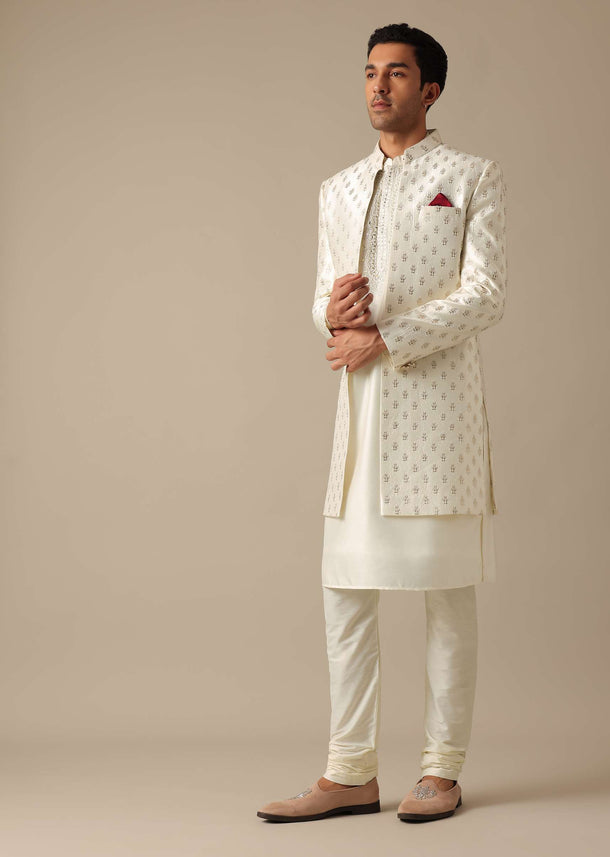White Silk Embroidered Sherwani Set