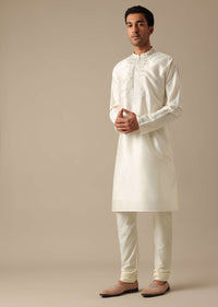 White Silk Embroidered Sherwani Set