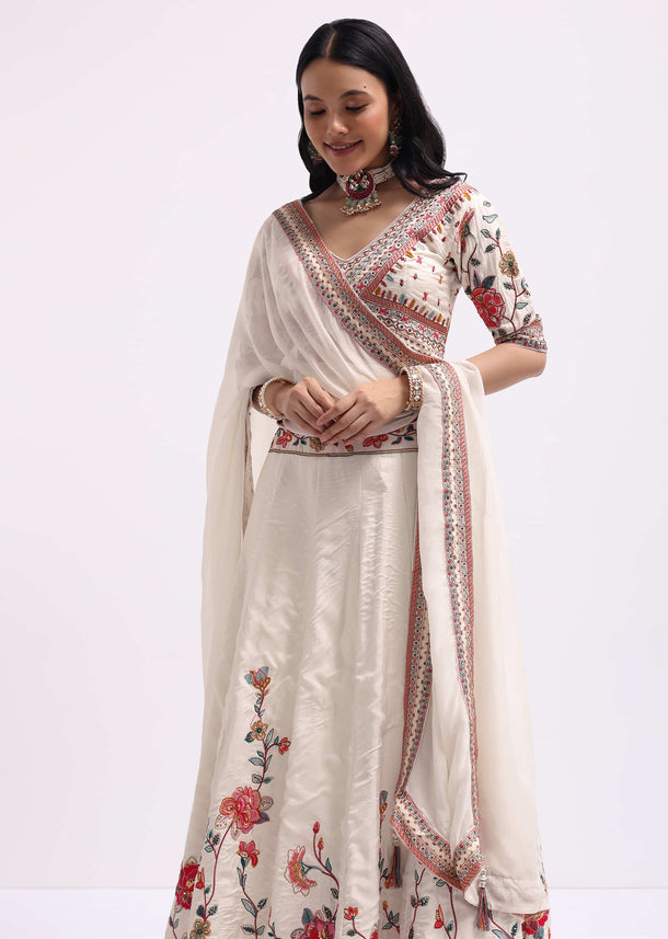 White Silk Lehenga Choli Set With Resham Work