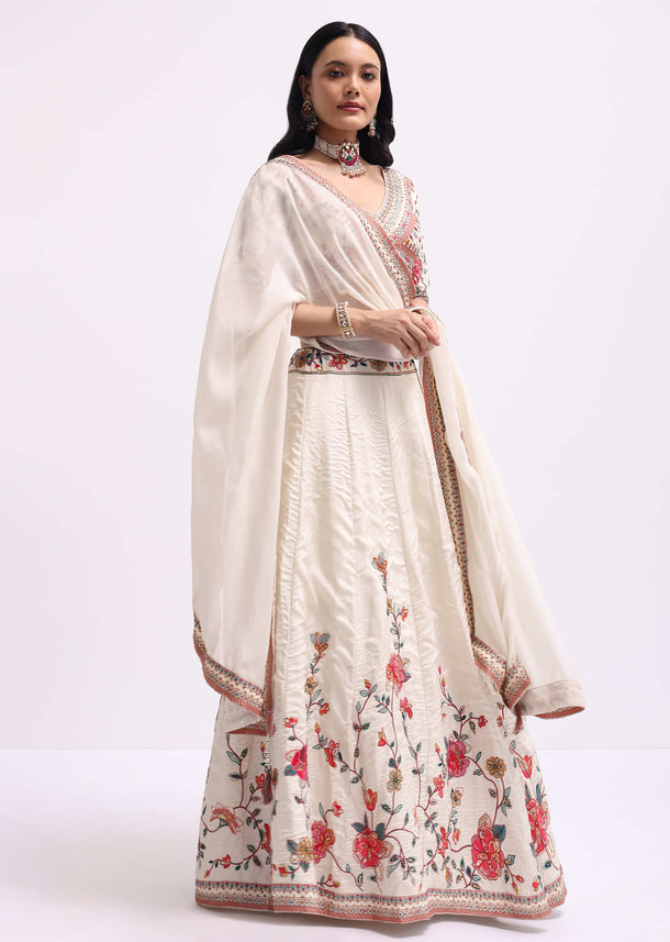 White Silk Lehenga Choli Set With Resham Work