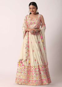 White Silk Lehenga Set With Mirror Work