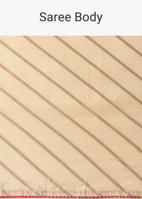 White Silk Saree With Lurex Diagonal Stripes And Unstitched Blouse Piece