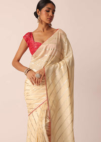 White Silk Saree With Lurex Diagonal Stripes And Unstitched Blouse Piece