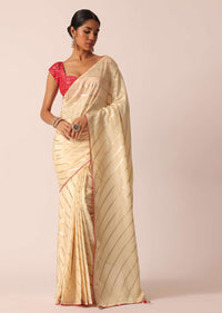 White Silk Saree With Lurex Diagonal Stripes And Unstitched Blouse Piece