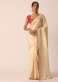 White Silk Saree With Lurex Diagonal Stripes And Unstitched Blouse Piece