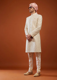 Cream White Abla Embroidered Sherwani Set